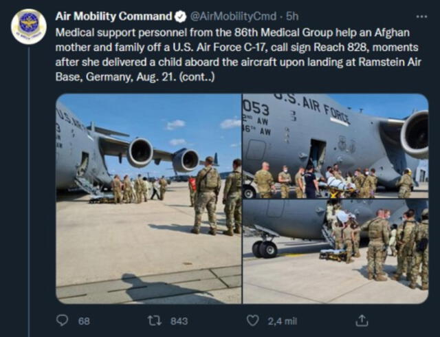 Los C-17 estaban trasladando a los evacuados de una base aérea en Qatar a Alemania para aliviar la acumulación de personas que huyen de los talibanes en Afganistán. Foto: @AirMobilityCmd /Twitter