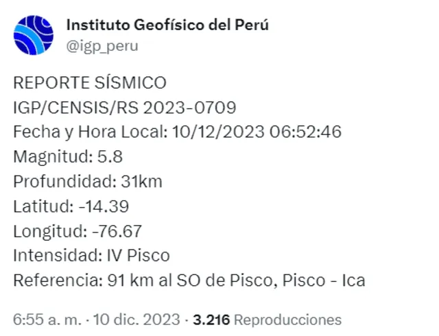 Datos del sismo más fuerte de HOY, 10 de diciembre, registrado en Pisco, Ica, según IGP. Foto: igp_peru/ X   