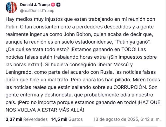  Donald Trump arremete contra los medios de Estados Unidos. Foto: Truth Social.   