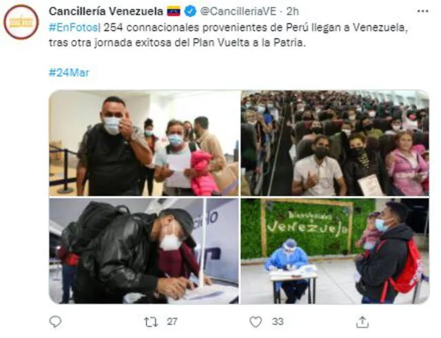 Publicación de la Cancillería de Venezuela sobre los ciudadanos retornados desde Perú. Foto: captura Twitter