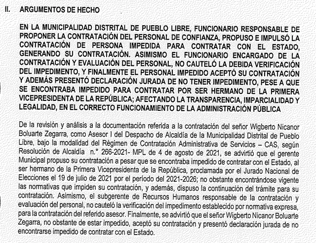 Informe de Contraloría sobre contratación de Wigberto Boluarte en la Municipalidad de Pueblo Libre. Foto: documento