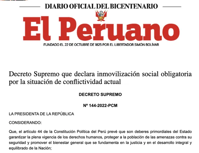 Decreto Supremo Nº 144-2022-PCM. Foto: captura en El Peruano