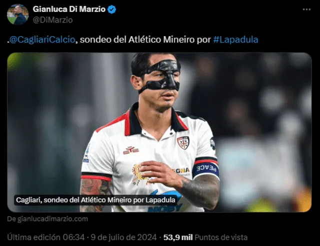  Medios italianos informaron el último lunes el interés de Atlético Mineiro por Gianluca Lapadula. Foto: captura de X    