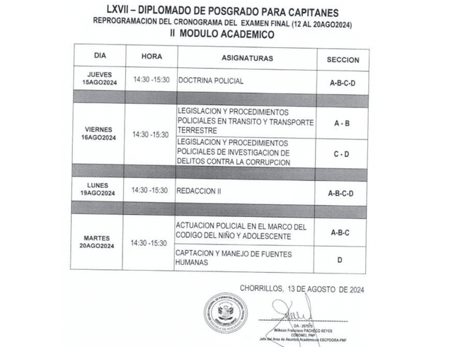 Cronograma del examen final. Foto: PNP   