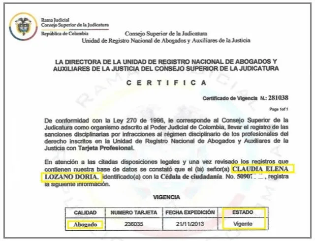 Certificado falso presentado por Claudia Elena Lozano. Foto: El home noticias   