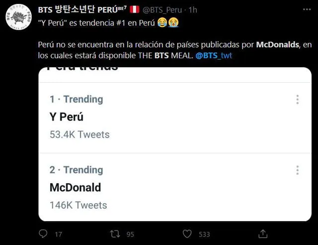 "Y PERÚ" es tendencia tras el anuncio de Mcdonald's. Foto: captura @BTS_Peru