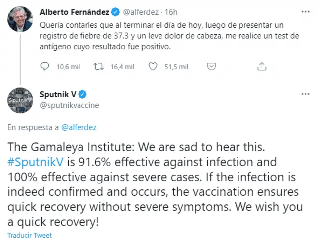 Sputnik V se pronuncia sobre contagio de Fernández. Foto: captura de Twitter