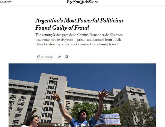 Así informó la prensa internacional sobre la condena a prisión a Cristina Kirchner. Foto: captura The New York Times.