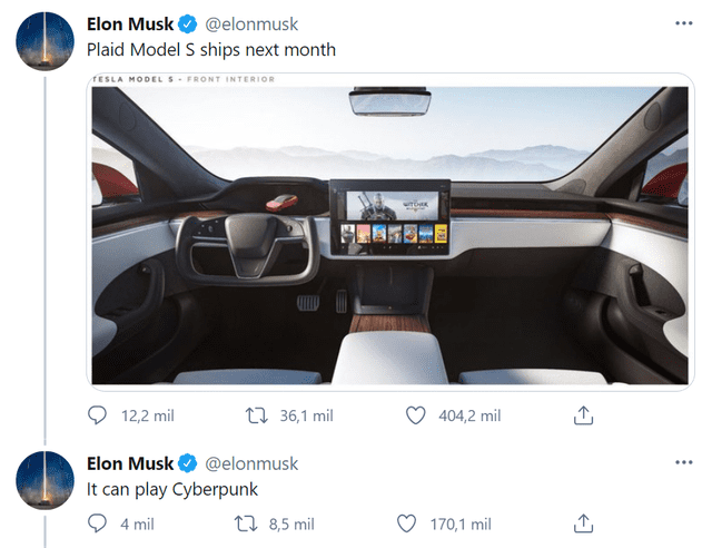 Musk anunció que la función Tesla Arcade ejecutará juegos de alto perfil en el nuevo Model S Plaid. Foto: captura Twitter/@elonmusk