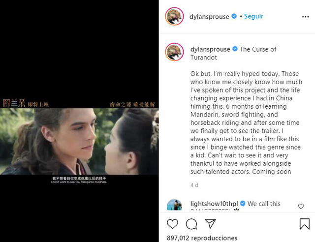 Dylan Sprouse sobre The curse of Turandot. Foto: Instagram