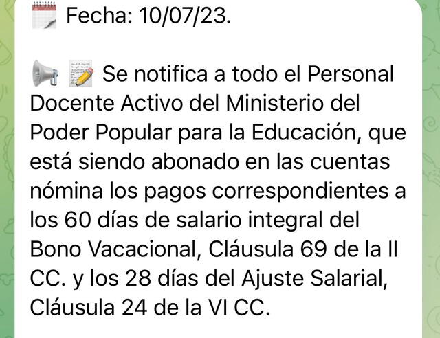  El Bono Vacacional fue depositado también el último lunes 10 de julio de 2023. Foto: Pagos MPPE/ Telegram   