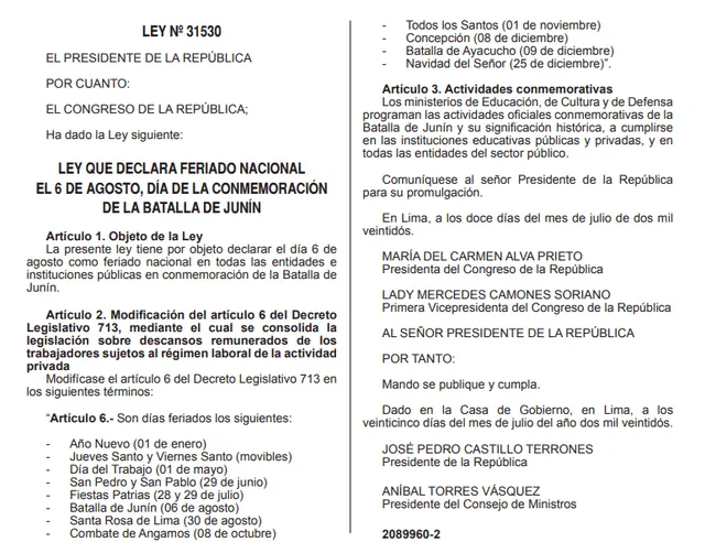  Esta es la ley 31530, que declara el feriado del 6 de agosto por la conmemoración de la Batalla de Junín. Foto: Diario El Peruano<br><br>    