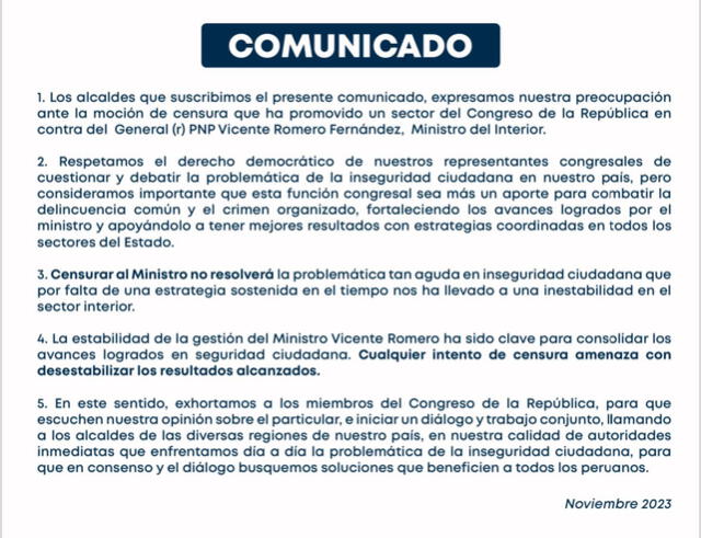  Comunicado de los alcaldes de Lima. Foto: X   