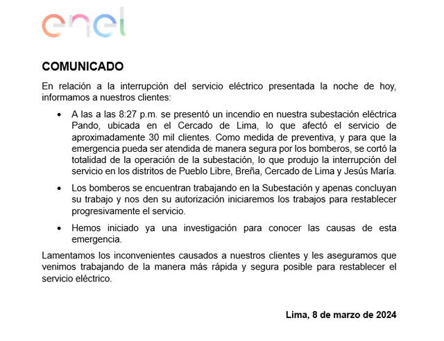 Comunicado Enel   