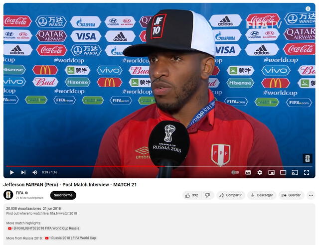 <em> El contenido real aborda una entrevista a Farfán durante la participación de Perú en el Mundial de Rusia 2018. Foto: captura de YouTube</em>   