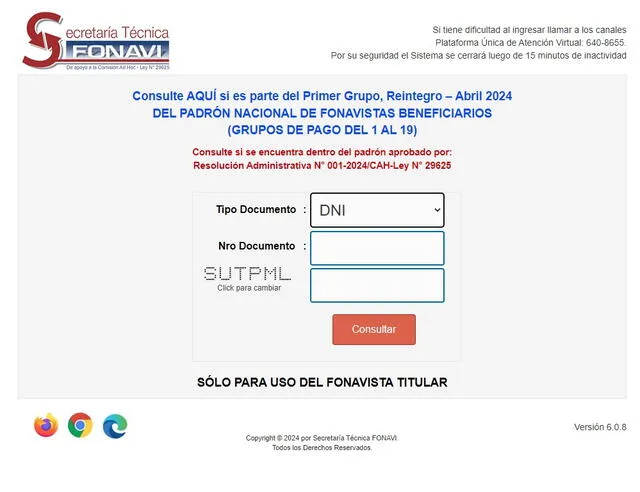 Página web oficial de Fonavi para verificar si perteneces al grupo Reintegro 1. Foto: Fonavi.   