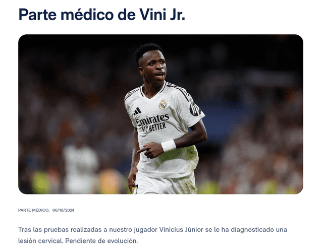  Parte médico con Vinícius Júnior. Foto: captura de Real Madrid   