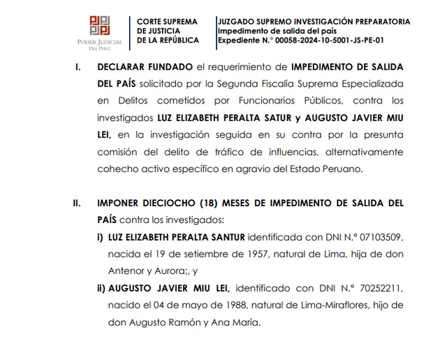 Impedimento de salida del país contra Elizabeth Peralta y Javier Miu Lei.   