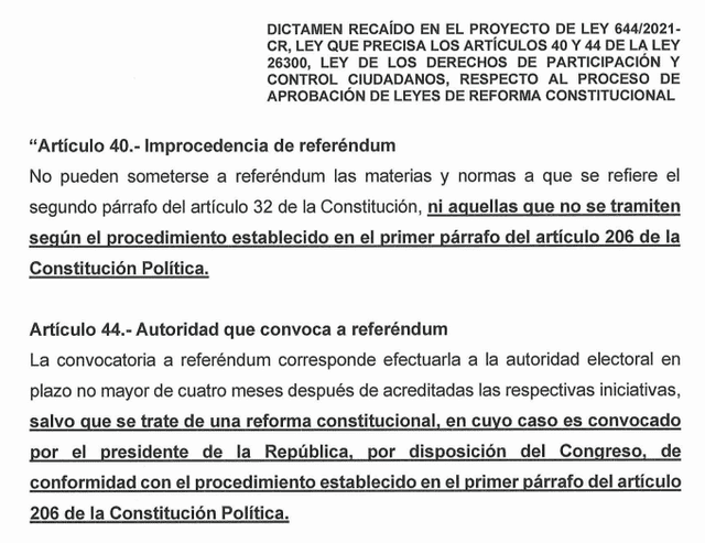 Proyecto de ley que restringe referéndum para reformas constitucionales. Foto: captura documento