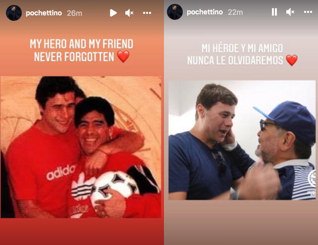 Fotos de Mauricio Pochettino junto a Maradona. Fotos: captura Instagram Mauricio Pochettino