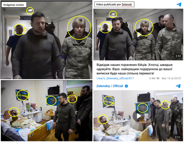 Comparación entre las imágenes virales (izquierda) y el video publicado por Volodomir Zelenski (derecha). Fuente: Composición LR, Facebook, Telegram.