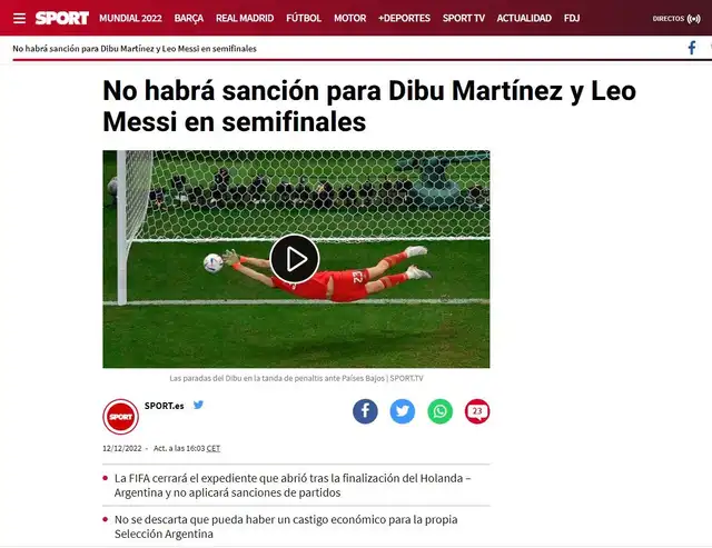 Publicación del diario Sport. Foto: captura