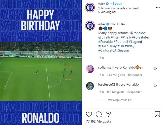 Inter de Milán saludo a Ronaldo por su cumpleaños. Foto: Inter/Instagram