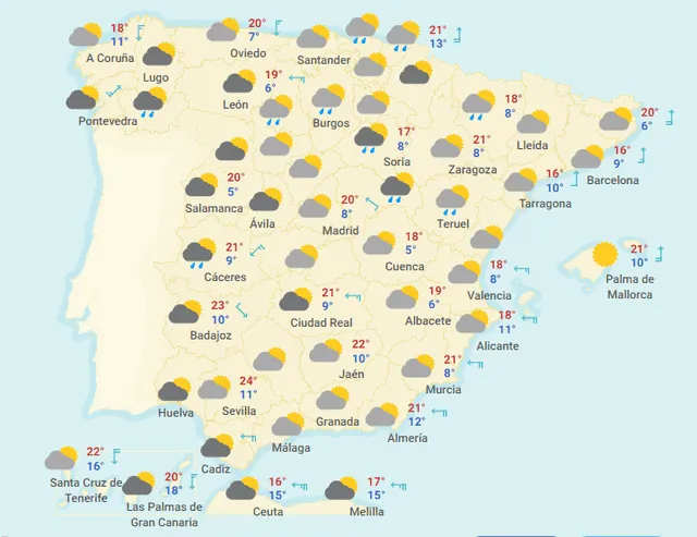 Mapa del tiempo en España hoy, miércoles 8 de abril de 2020.