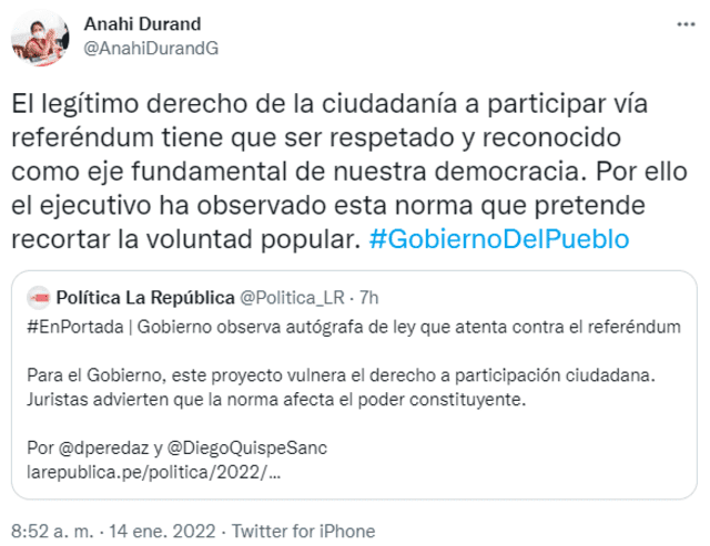 Tuit de Anahí Durand sobre límites a referéndum. Foto: captura de Twitter