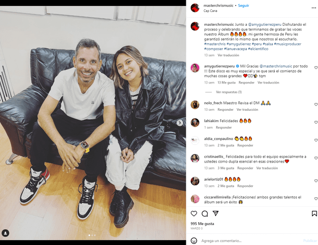  Master Chris trabajó en el nuevo disco de Amy Gutiérrez. Foto: Captura de Instagram   