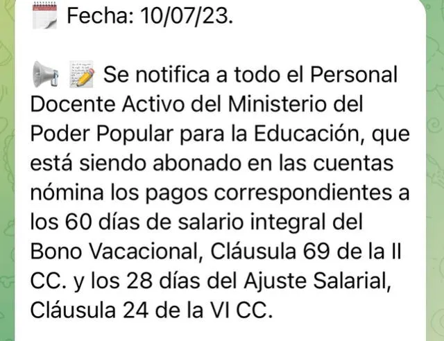  El Bono Vacacional fue depositado también este lunes 10 de julio. Foto: Pagos MPPE/ Telegram   