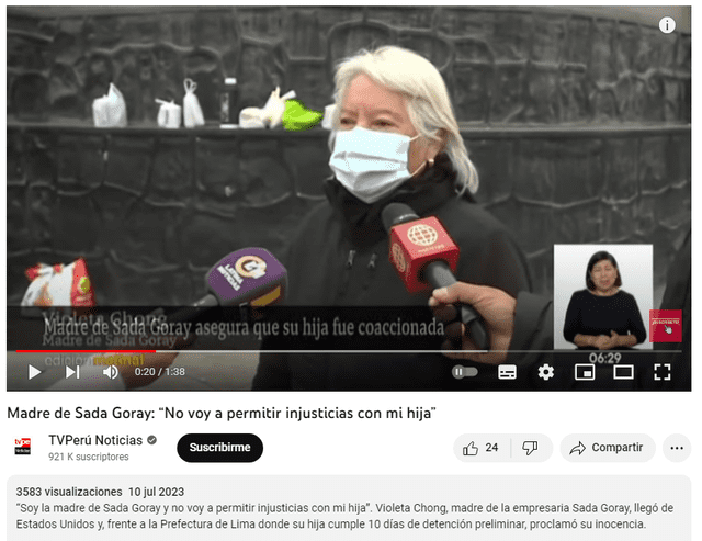  Violeta Chong habla sobre el caso de su hija Sada Goray. Foto: captura en Youtube/TV Perú   