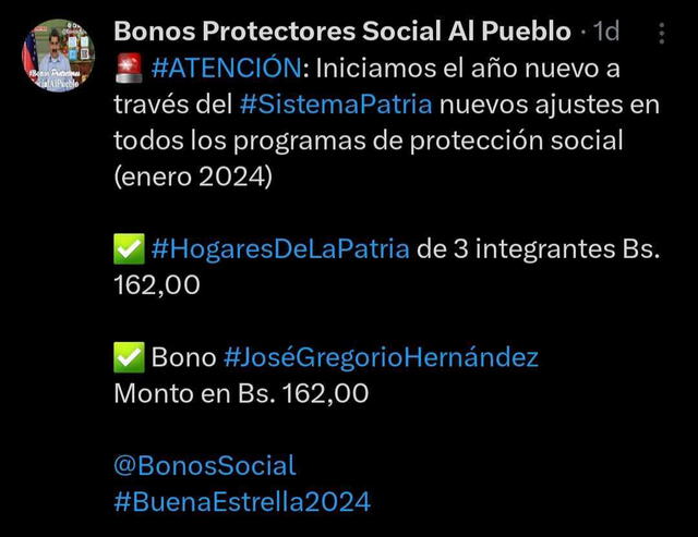 Bono José Gregorio Hernández enero 2024 | Nuevo Bono de la Patria, enero 2024: COBRA HOY subsidio de 162 bolívares mediante Sistema Patria | bono protectores social al pueblo | nuevo bono del carnet de la patria | que bono está saliendo