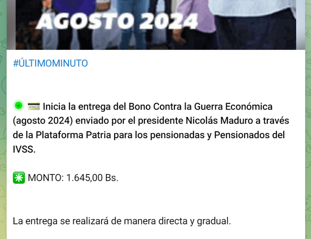 El pago del Bono de Guerra para los pensionados llegó el 21 de agosto. Foto: Canal Patria Digital/ X