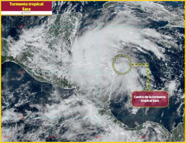 Tormenta 'Sara' avanza hacia el sur de la península de Yucatán. Fuente: Servicio Meteorológico Nacional de México,   