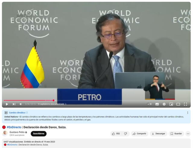 Intervención de Gustavo Petro en la cumbre del Foro Económico Mundial efectuado en 2023. Foto: captura de YouTube Intervención de Gustavo Petro en la cumbre del Foro Económico Mundial efectuado en 2023. Foto: captura de YouTube