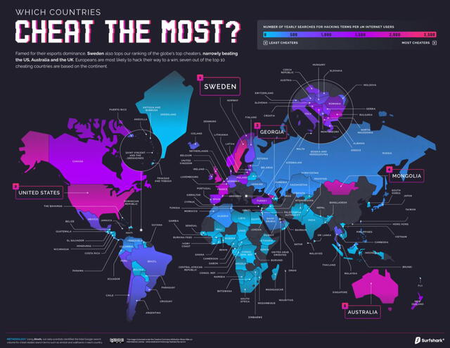 Los países con más búsquedas de trampas. Foto: Surfshark