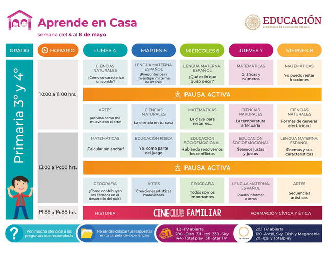 Horario del tercer y cuarto grado de primaria. Foto: SEP