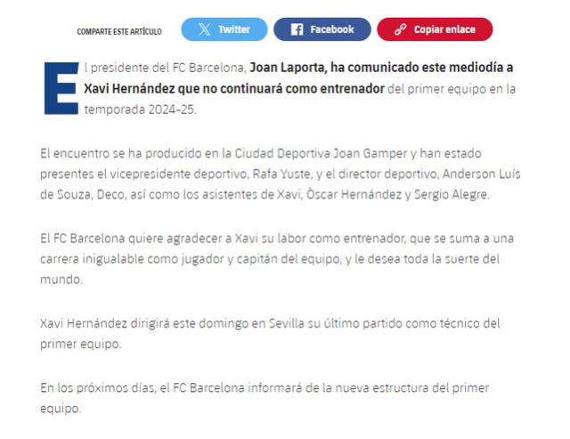 Comunicado de FC Barcelona sobre la salida de Xavi. Foto: captura de FC Barcelona.   