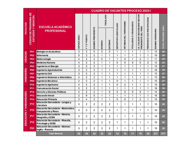  Cuadro de vacantes para el proceso de admisión 2025-I de UNS    