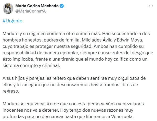 La excandidata presidencial condenó la detención de parte de su cuerpo de seguridad. Foto: María Corina Machado/ X