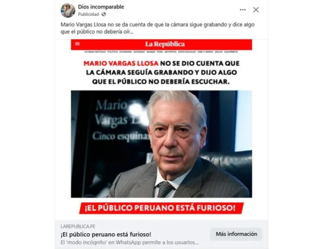 <em> Desinformación sobre La República y Mario Vargas Llosa. Foto: captura de Facebook</em>   