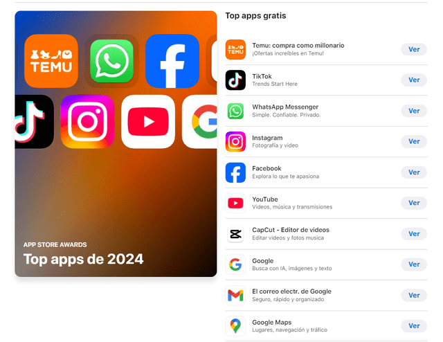  Estas son las 10 apps más descargadas en App Store. Foto: Apple   