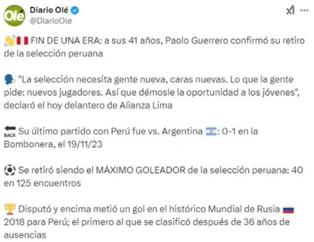 Publicación de diario argentino Olé. Foto: captura de Olé.   