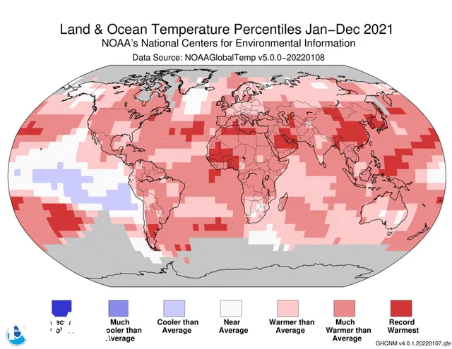 Mapa de las temperaturas medias mundiales. De color rojo los récords más cálidos y de azul los más fríos. Foto: NOAA-NCEI