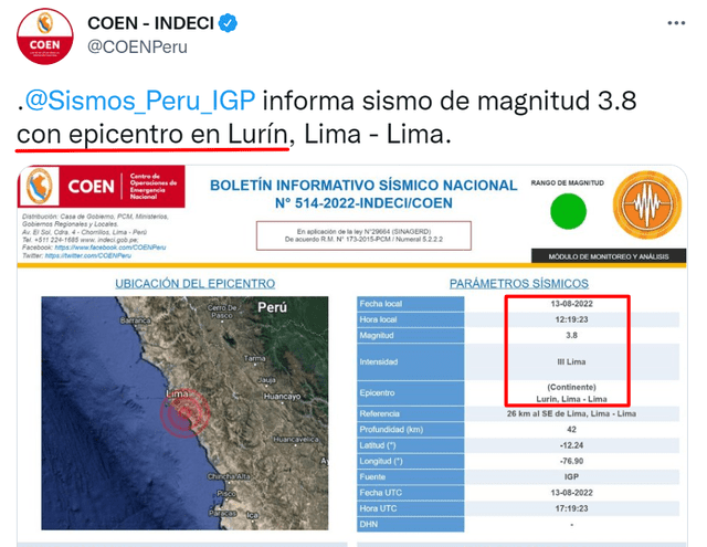Indeci especifica que temblor de hoy, 13 de agosto, se dio en Lurín. Foto: Twitter Indeci