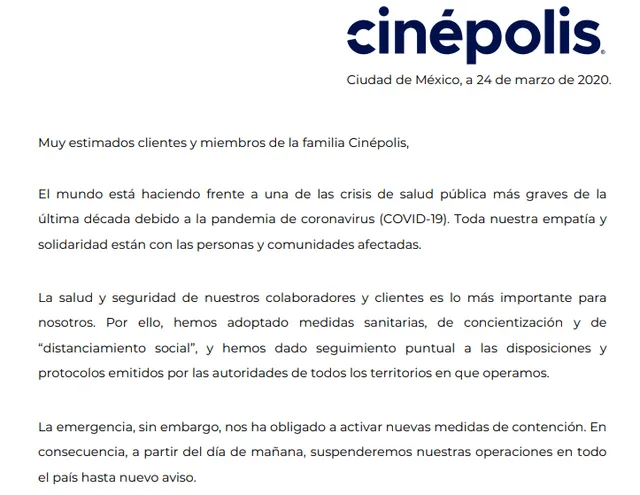 Parte del comunicado de Cinépolis sobre la paralización de sus operaciones.