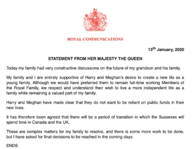 Reina Isabel II envía comunicado.