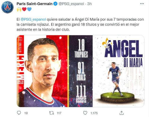 PSG anuncia la salida de Di María. Foto: captura de Twitter.
