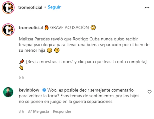 El cantante Kevin Blow opinó sobre la situación legal entre Melissa Paredes y Rodrigo 'Gato' Cuba. Foto: captura Instagram.